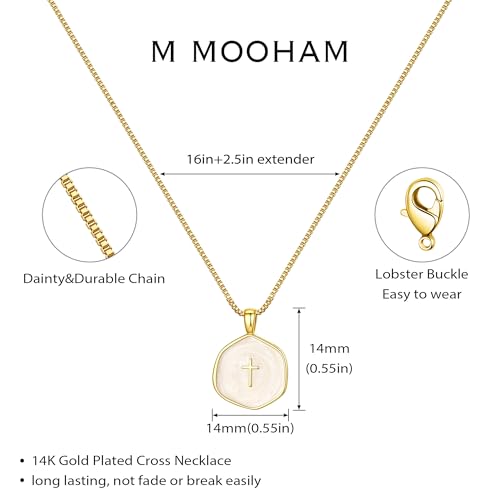 M MOOHAM Enamel Mini Cross Necklace for Women Girl, 14K Gold Plated Jewelry - color: "pearl white cross-box chain