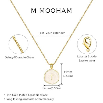 M MOOHAM Enamel Mini Cross Necklace for Women Girl, 14K Gold Plated Jewelry - color: "pearl white cross-box chain