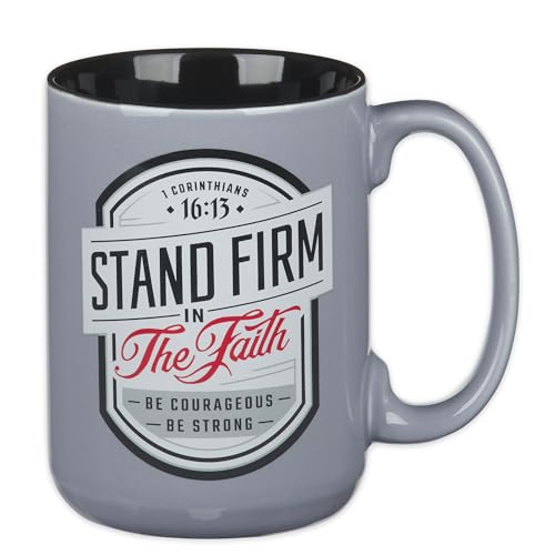 Christian Art Gifts Large Ceramic Inspirational Scripture Coffee & Tea Mug for Men & Women: Stand Firm Encouraging Bible Verse, Microwave & Dishwasher Safe Non-toxic Hot/Cold Cup, Gray & Black, 14 oz. - color: Gray/Stand Firm