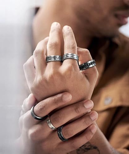 EIELO 12Pcs Mens Stainless Steel Rings Cool Silvery Black Band Ring for Men Women Spinner Chain Fidget Ring Simple Wedding Engagement Ring Set Size7-12