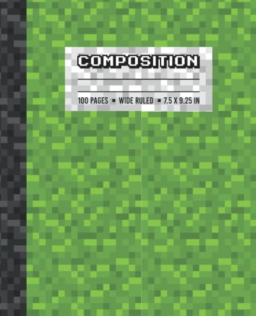 Composition: Wide Ruled Writing Notebook For Boys and Girls, Green Pixel Gamer Pattern Blank Lined Book