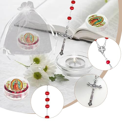 24 Pcs Rose Catholic Rosaries Necklaces,Wooden Beads Rosary Necklace Religious Rosary Jesus Cross Catholic Gifts,Holy Rosaries in Bulk with Organza Bags Gift Gift Boxes for Prayer Men Women