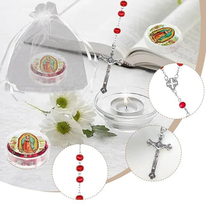 24 Pcs Rose Catholic Rosaries Necklaces,Wooden Beads Rosary Necklace Religious Rosary Jesus Cross Catholic Gifts,Holy Rosaries in Bulk with Organza Bags Gift Gift Boxes for Prayer Men Women