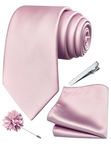 Branduce 3.15"（8cm） Mens Tie and Lapel Pin Solid Necktie Handkerchief Tie Clip Set for Men - color: Light Dusty Rose