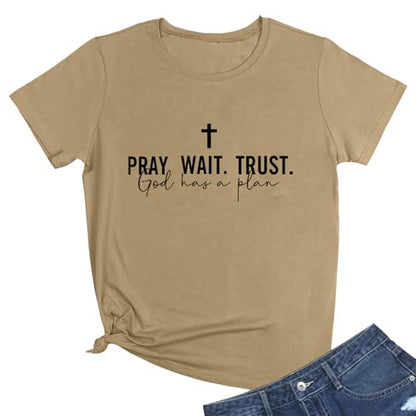 LOOKFACE Women Pray Wait Trust Soft Tees Cute Graphic T Shirts - color: Khaki, size: Medium