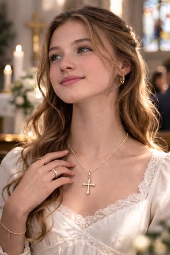 GAVU Catholic Confirmation Gifts, 18K Gold Plated Stainless Steel Cross Necklace, Dainty Cross Charm Necklace