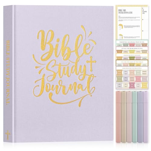 Lanpn Bible Study Guide Journals for Women with Tabs & Highlighters, Church Notes Taking Daily Devotional Journaling, Linen Bible Prayer Notebook Christian Religious Faith Based Gifts, Purple - color: Purple