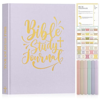 Lanpn Bible Study Guide Journals for Women with Tabs & Highlighters, Church Notes Taking Daily Devotional Journaling, Linen Bible Prayer Notebook Christian Religious Faith Based Gifts, Purple - color: Purple
