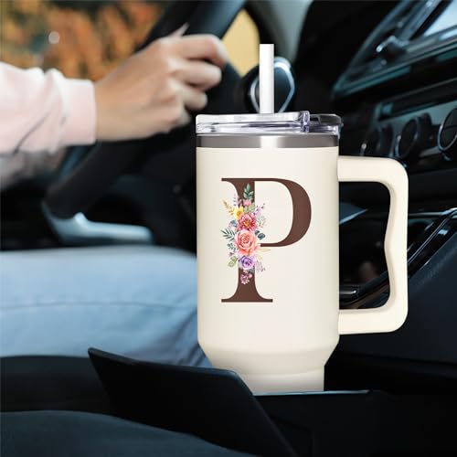 Personalized Gifts for Women, Customized Mother's Day, Birthday, Xmas Gift For Grandma, Mom, Wife, Friends, Sisters, Coworkers, Monogrammed Tumbler 40oz with Lid and Straw - color: P