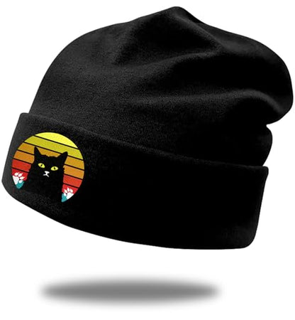 Black Flexible Classic Adult Beanie Cap for Men Women - Warm Knitted Hat for Winter, Chemo Cap Headwear - color: Cat