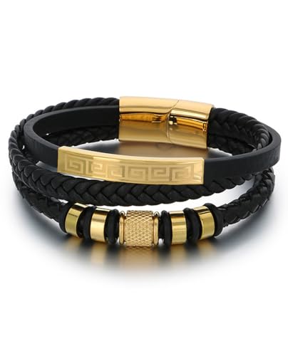 Kim Carrey Italian Handmade Leather Bracelets for Men - color: Golden, size: 8.2"