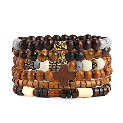 HZMAN Handmade Hemp Cords Wood Beads Leather Bracelets for Men Women - style: Skull & Wooden Cross