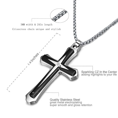 MGOOL Son Gifts From Mom To My Son Necklace From Dad Faith Cross Necklace Present Graduation Birthday Gifts Message Card＆LED Gift Box - color: SN928 Silver-black Wooden Led Box