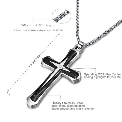 MGOOL Son Gifts From Mom To My Son Necklace From Dad Faith Cross Necklace Present Graduation Birthday Gifts Message Card＆LED Gift Box - color: SN928 Silver-black Wooden Led Box
