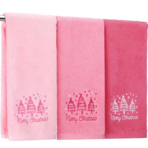 3 Pcs Pink Merry Christmas Hand Towels Bathroom Decors, Pink, Xmas - color: Pink, size: Xmas