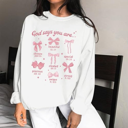 Christian Bow Sweatshirt for Women God Jesus Bible Verse Sweatshirts Cute Bow Graphic Coquette Long Sleeve Shirts - color: White, size: Small