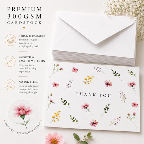 GardenCity Beautiful Floral Thank You Cards with Envelopes, 4” x 6”, 30 Pack, Wildflower Blank Thank You Cards - Perfect for Bridal Shower, Baby Shower, Weddings & All Occasions - color: Wildflower