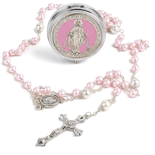 Catholic Pearl Cross Rosary Necklace — Ideal for Baptism, Prayer, Devotion — 6mm Glass Beads & 8mm Our Father Beads w/Caps, Miraculous Jewelry Box – Perfect Religious Gift for Women, Men - color: Pink