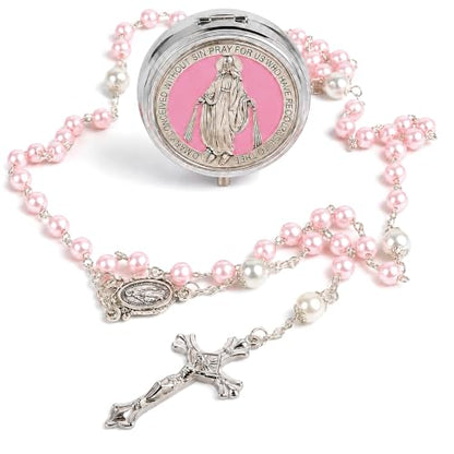 Catholic Pearl Cross Rosary Necklace — Ideal for Baptism, Prayer, Devotion — 6mm Glass Beads & 8mm Our Father Beads w/Caps, Miraculous Jewelry Box – Perfect Religious Gift for Women, Men - color: Pink