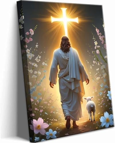Jesus and Lamb Canvas Wall Art Christian Cross Jesus Walking Toward Light Wall Decor Picture Religious Spiritual Posters Prints for Living Room Bedroom Church Decoration 12x16in - color: Jesus Lamb, size: 16"L x 12"W