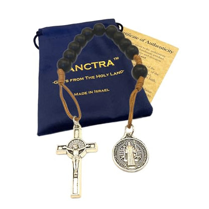 Pocket Rosary, Prayer Beads with Saints Medal and Cross/Crucifix - style: St Benedict, 11 Beads, Black Glass, One Decade