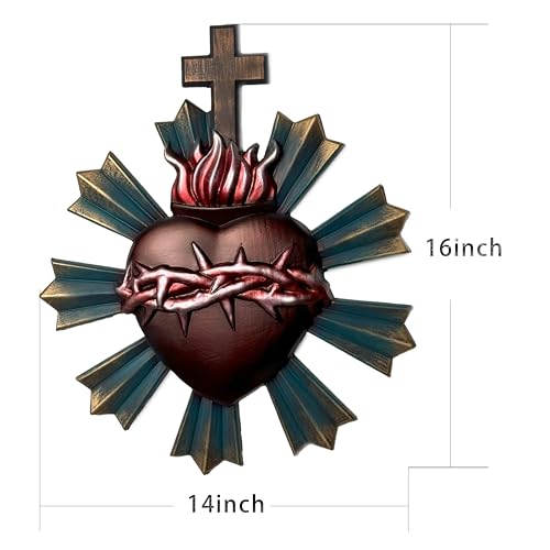 XXLTY Hand-Carved Sacred Heart of Jesus Wooden Wall Decor – Religious Art Hanging, Catholic Home Decoration, 14 * 12Inch Spiritual Gift (The Bronze Heart of Thorns) - color: The Bronze Heart of Thorns