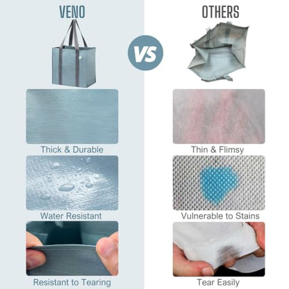 VENO 4 Pack Large Grocery Bag Reusable Shopping Bags with Hard Bottom - color: Light Blue