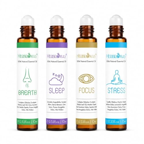 Aromatherapy Oils Roller Set, Natural Pre-diluted Essential Oils Roll On with Glass Rollerball, Relaxation Gift for Women & Men, Christmas Gift, Pack 4 x 0.33fl.oz - color: Sleep, Breath, Focus, Stress