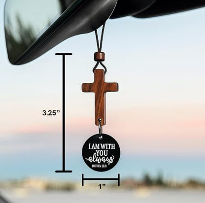 Daily Bible Verse Rearview Mirror Cross Ornament – Daily Scripture Car Charm Hanging Cross for Car with “I Am with You Always” Medallion (Black) - color: Black