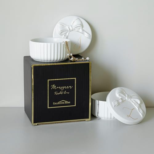 COLLECTIVE HOME Ceramic Jewelry Box with Bow, Nightstand Vanity Decor(P) - color: P