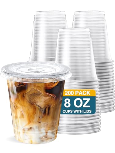 SHOPDAY 8 oz-Plastic-Cups-with-Lids - 200 Pack Disposable Clear Cups with Lids, Small Cup for Cold Drink Smoothie Food, Coffee Cup - size: 200 Count (Pack of 1)