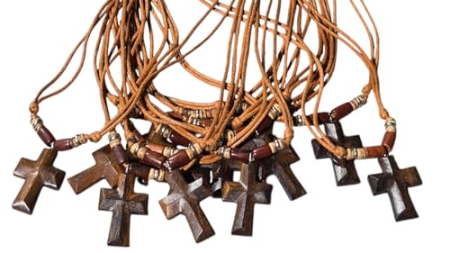 BlueRica Hand Carved Wood Cross on Adjustable Light Brown Cord Necklace
