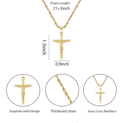 18K Gold Plated Cross Pendant with 3mm 22" Rope Chain for Men Catholic Jesus Cross Pendant