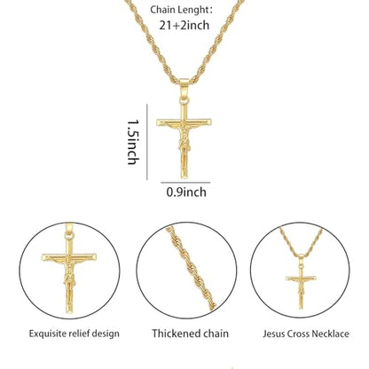 18K Gold Plated Cross Pendant with 3mm 22" Rope Chain for Men Catholic Jesus Cross Pendant