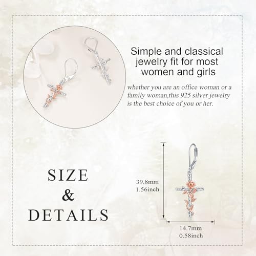LUHE Sterling Silver Corss/Daisy/Musica Note Dangle Earrings for Women - style: Rose Flower Cross Earrings