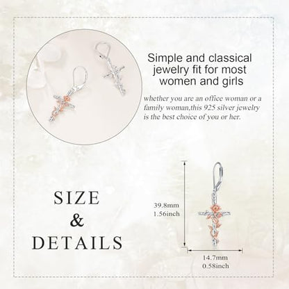 LUHE Sterling Silver Corss/Daisy/Musica Note Dangle Earrings for Women - style: Rose Flower Cross Earrings