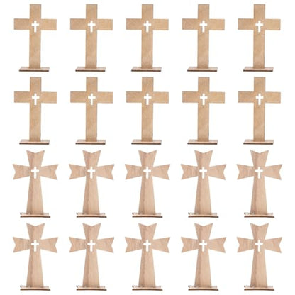 PRETYZOOM 20pcs Wooden Standing Cross Figurines, 4'' Tabletop Unpainted Cross Ornaments for Craft, First Communion Centerpiece, Religious Decor for Easter, Christmas - size: 11x8cm