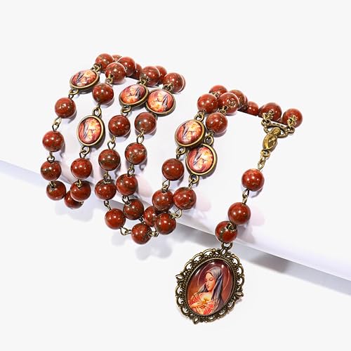 Nazareth Store Our Lady of Sorrows Stone Beads Rosary Solid Beaded Chaplet Necklace with Epoxy 7 Seven Sorrows Medallion - color: Red Jasper