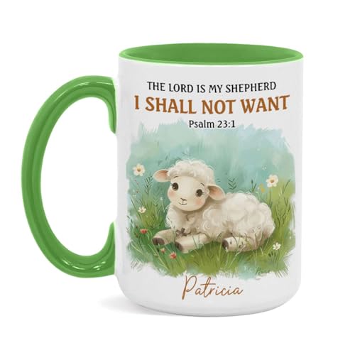 Adorable Lamb Illustration Mug, Customized Religious Cup For Grandparent, Personalized Christian Coffee Mug With Name, Novelty Bible Verse Ceramic Cup 11oz 15oz, Custom Christian Mug - color: HOA-624-2163-MY SHEPHERD MUG