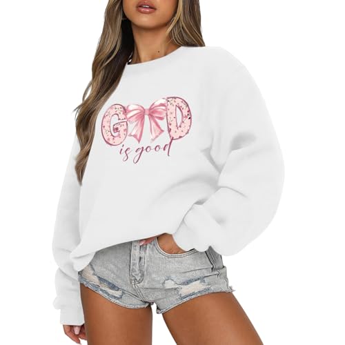 KEEVICI God Is Good Christian Sweatshirts for Women Bow Jesus Cute Bible Verse Sweatshirt Faith Religious Graphic Hoodies - color: White, size: Medium