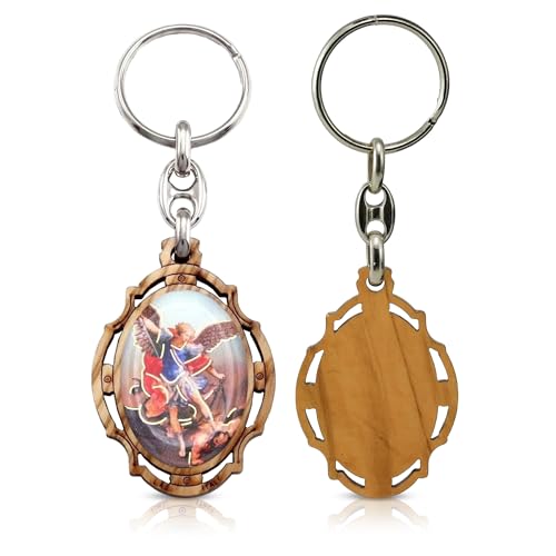 RosaryMart Olive Wood Religious Keychain for Men and Women | Catholic Keychain | Car KeyRing | Party Favors Key Holder - color: C-michael