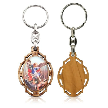 RosaryMart Olive Wood Religious Keychain for Men and Women | Catholic Keychain | Car KeyRing | Party Favors Key Holder - color: C-michael