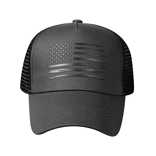Baseball Cap, American Flag Trucker Hat for Men Women, Breathable Adjustable Fit Outdoor Mesh Snapback Hats - color: Dark Gray/Black Flag