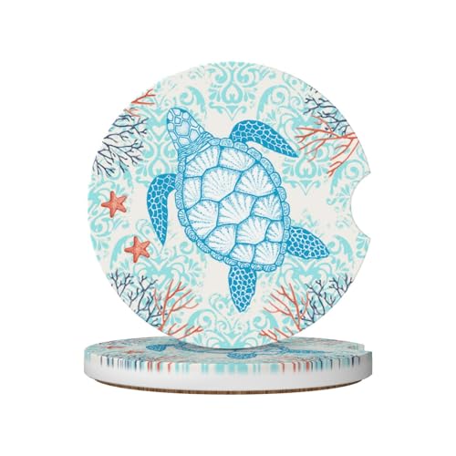Sea Turtle Ocean Car Coasters for Cup Holder - Absorbent Ceramic 2 Pack With Anti-Slip Cork Base and Finger Notch - Interior Accessories for Women Men 2.56" - color: Sea Turtle Ocean