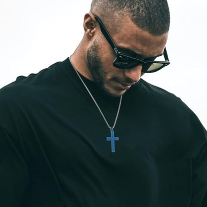 HZMAN Stainless Steel Cross Necklace for Men Women Lord's Prayer Pendant - color: Blue
