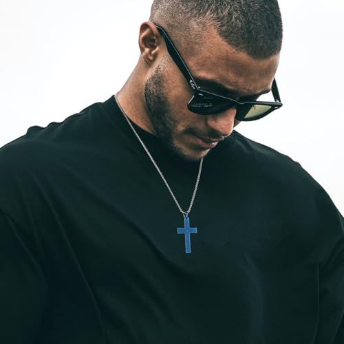 HZMAN Stainless Steel Cross Necklace for Men Women Lord's Prayer Pendant - color: Blue