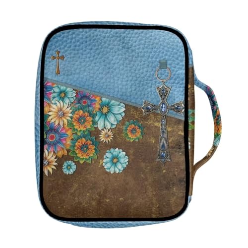 Coldinair Floral Cross Bible Cover for Women,Canvas Carrying Book Case Church Bag Bible Holder with Handle and Zippered Pocket - color: Floral Cross