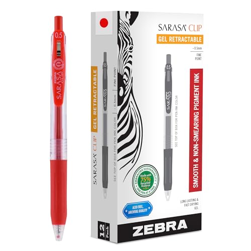 Zebra Pen SARASA Clip Retractable Gel Pen, Red Ink, 0.5mm, 12-Pack - color: Red