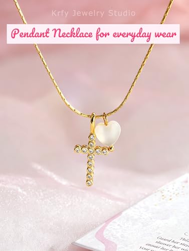 S925 Sterling Silver Cross Necklace for Girls, Baptism First Communion Confirmation Gifts, Pearl Heart Pendant Necklaces, Back to School Graduation Easter Birthday Faith Gift Age: Over 8 Years Old - style: Heart Cross 16K Gold Plated
