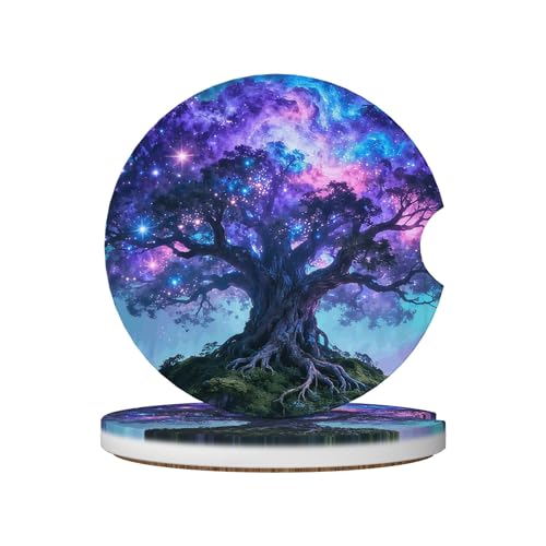 Tree Life Sky Galaxy Car Cup Holder Coasters 2 Pack 2.63" for Women - color: Purple